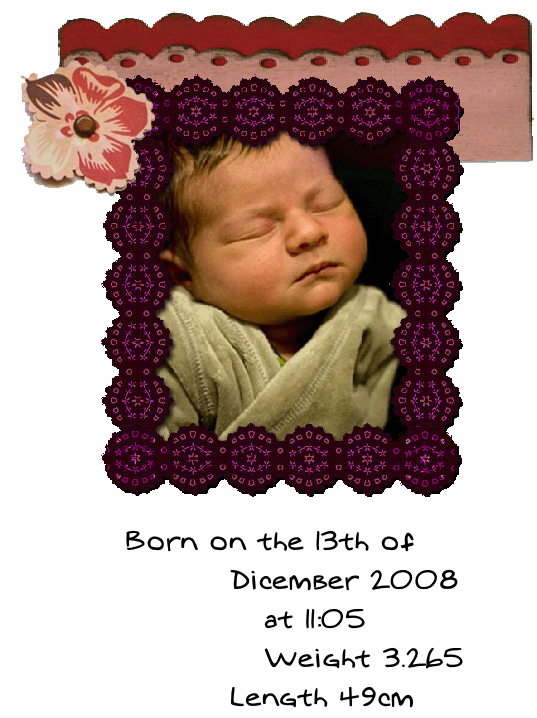   Born on the 13th of 
           Dicember 2008 
              at 11:05
              Weight 3.265 
           Length 49cm